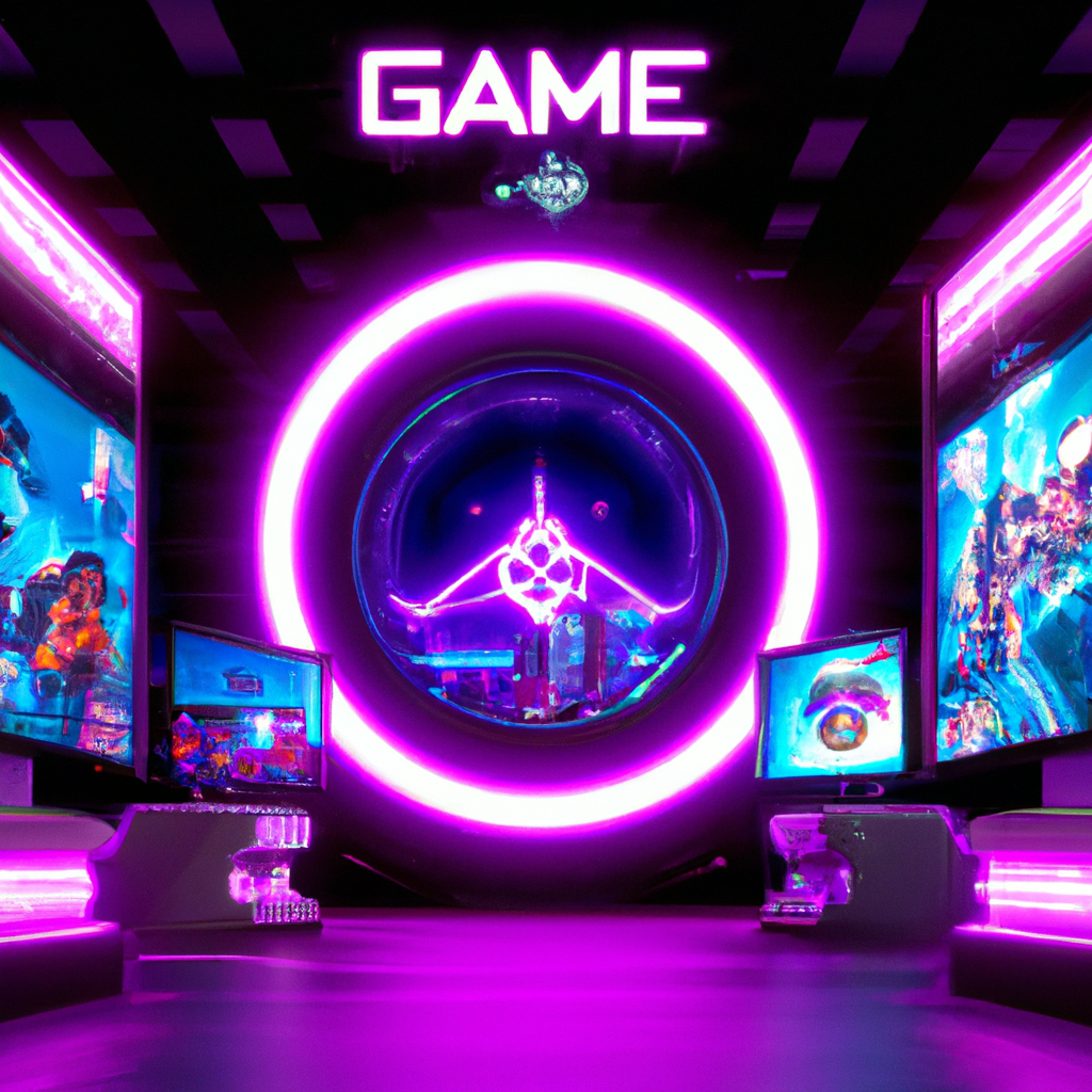 NebulaArcade hero: neon arcade panorama